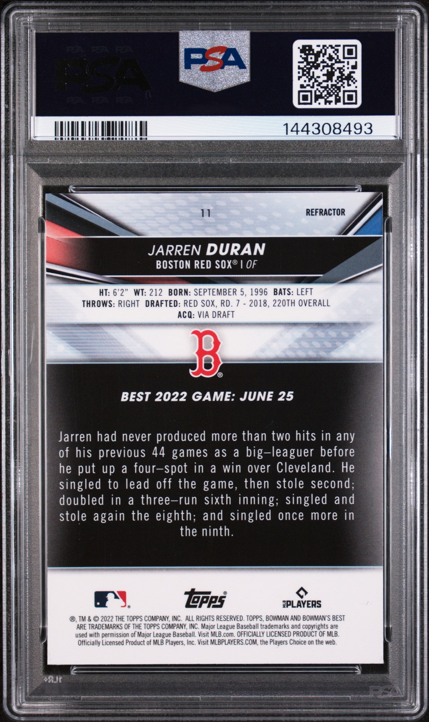 Jarren Duran 2022 Bowman's Best Refractor Rookie RC Boston Red Sox PSA 10