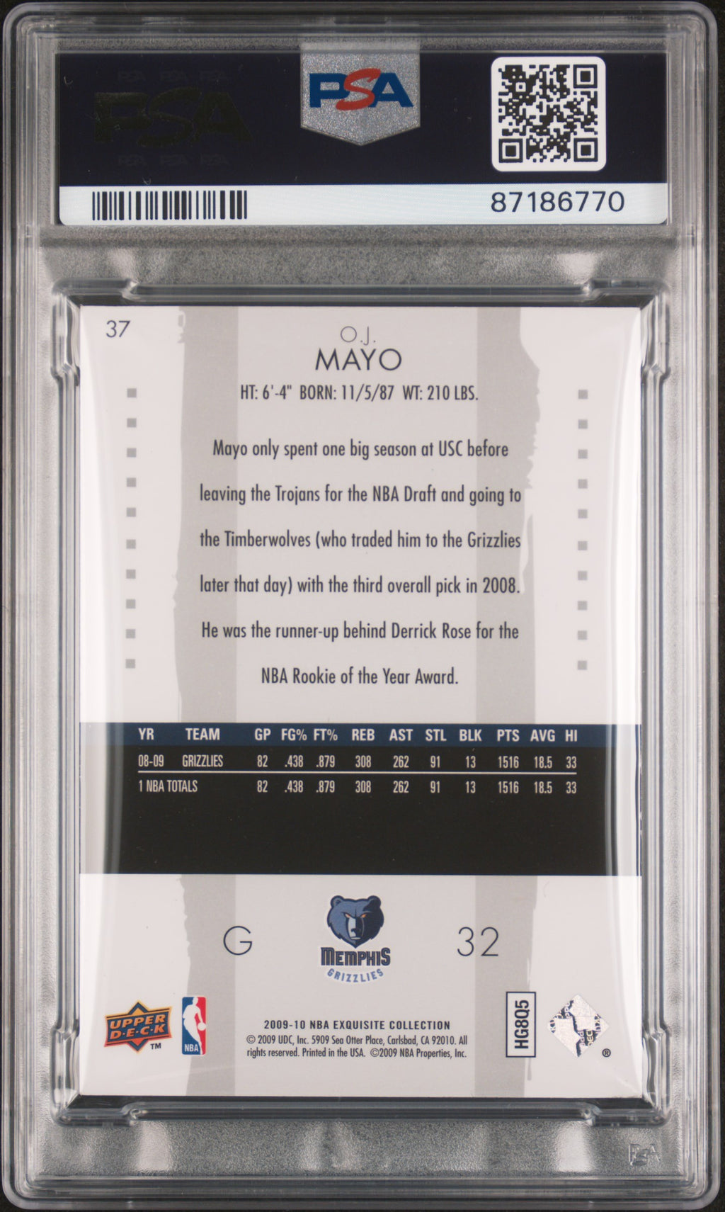 O. J. Mayo 2009 Upper Deck Exquisite Card Memphis Grizzlies 142/199 #37 PSA 8