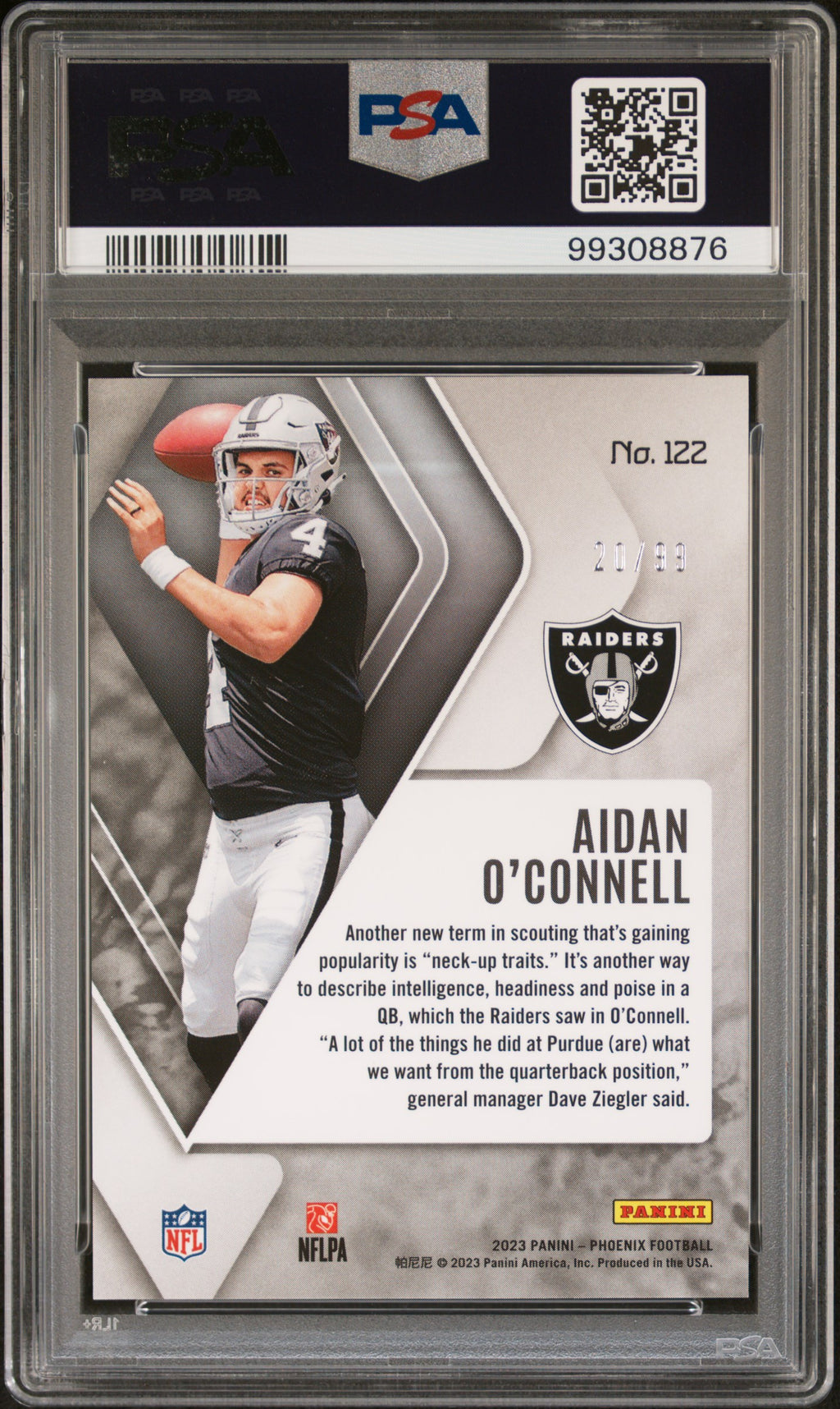 Aidan O'connell 2023 Phoenix Orange Seismic Rookie RC Raiders 20/99 PSA 10