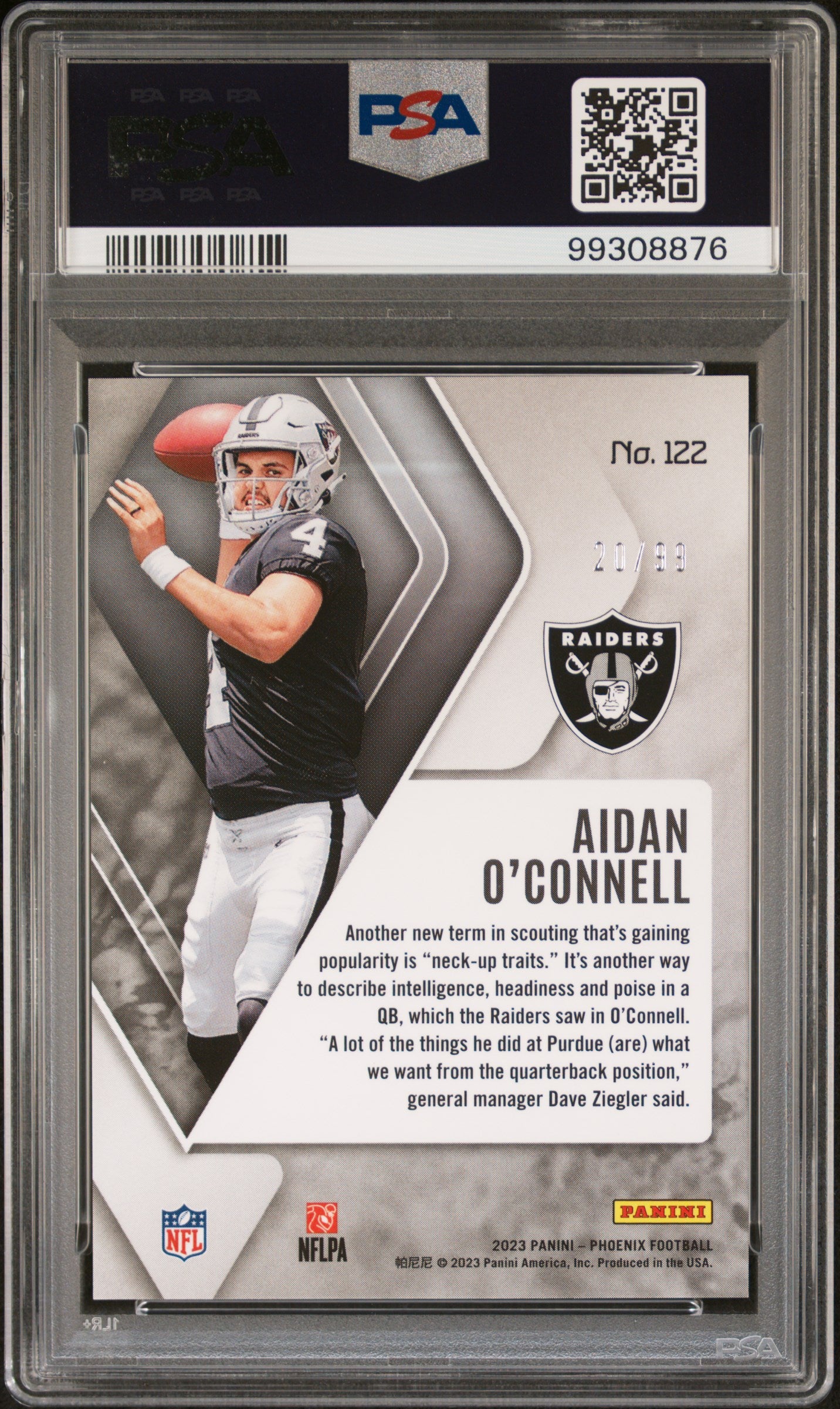 Aidan O'connell 2023 Phoenix Orange Seismic Rookie RC Raiders 20/99 PSA 10