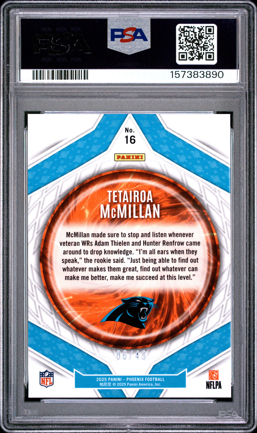 Tetairoa Mcmillan 2025 Phoenix Paragon Yellow Mojo RC Panthers 6/49 PSA 10