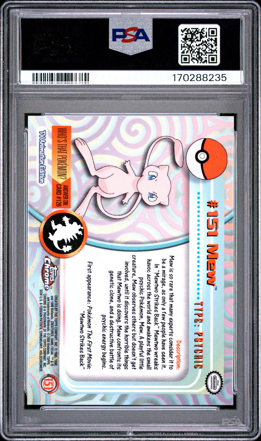 Mew 2000 Topps Chrome Pokemon T.V. #151 PSA 8
