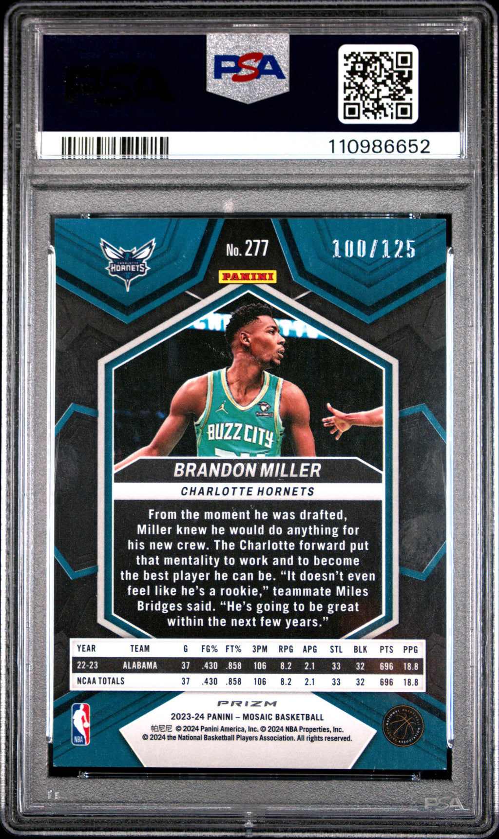 Brandon Miller 2023-24 Mosaic Ice Rookie RC Charlotte Hornets 100/125 PSA 9