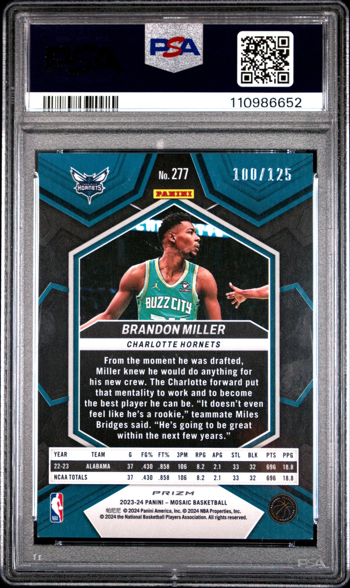 Brandon Miller 2023-24 Mosaic Ice Rookie RC Charlotte Hornets 100/125 PSA 9
