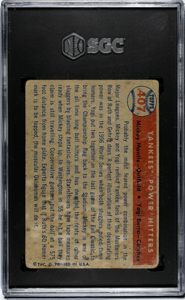 Yankees' Power Hitters 1957 Topps Mickey Mantle New York Yankees #407 SGC 1.5
