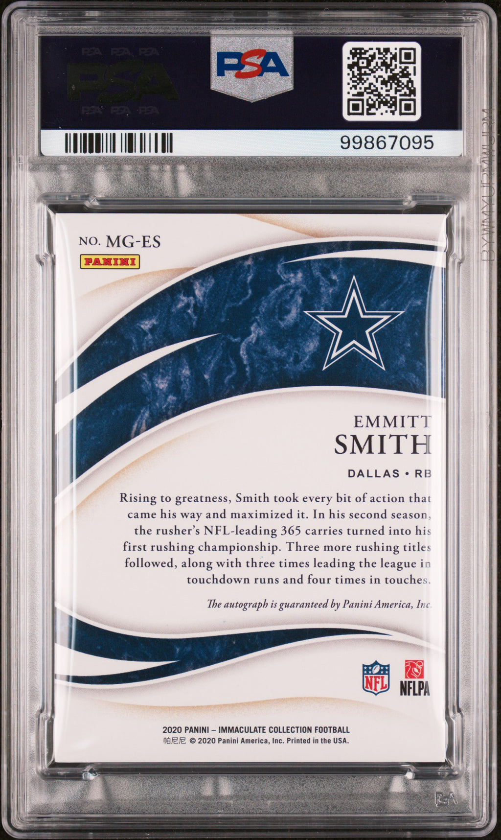 Emmitt Smith 2020 Immaculate On Card Auto Autograph Dallas Cowboys 9/10 PSA 8