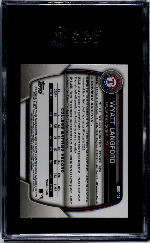 Wyatt Langford 2023 Bowman Chrome 1st Green Refractor RC Rangers 50/99 SGC 9.5