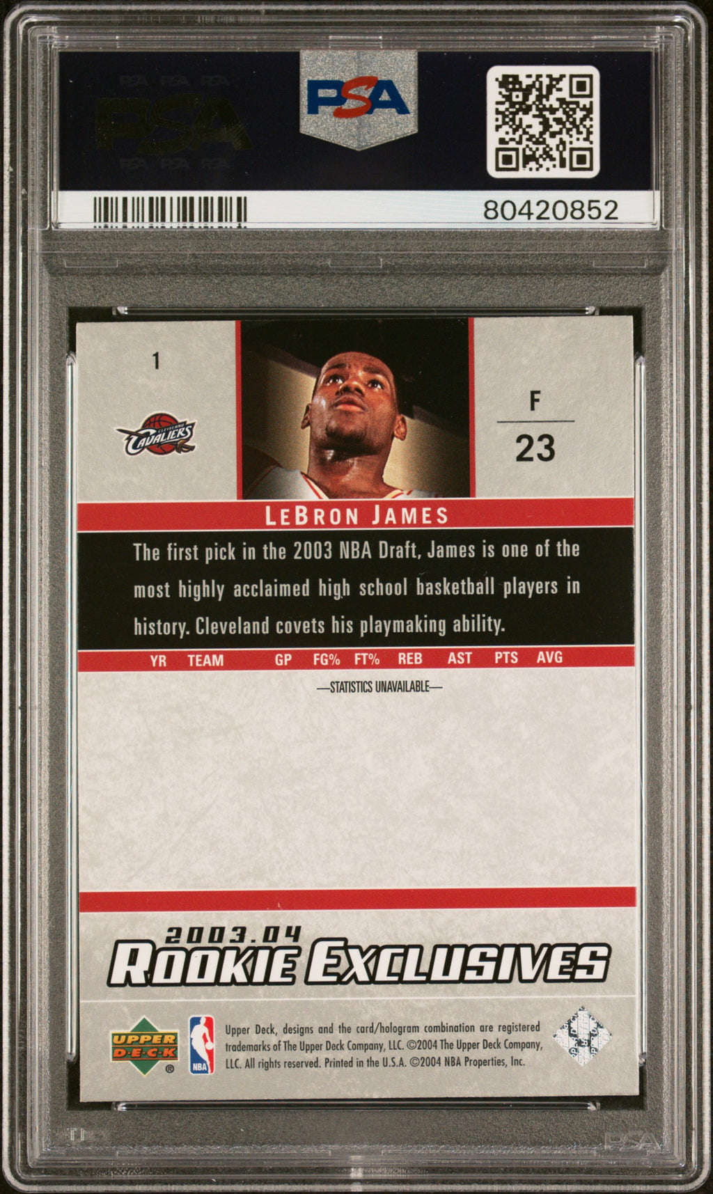 LeBron James 2003-04 Upper Deck Rookie Exclusives RC Cavaliers #1 PSA 8