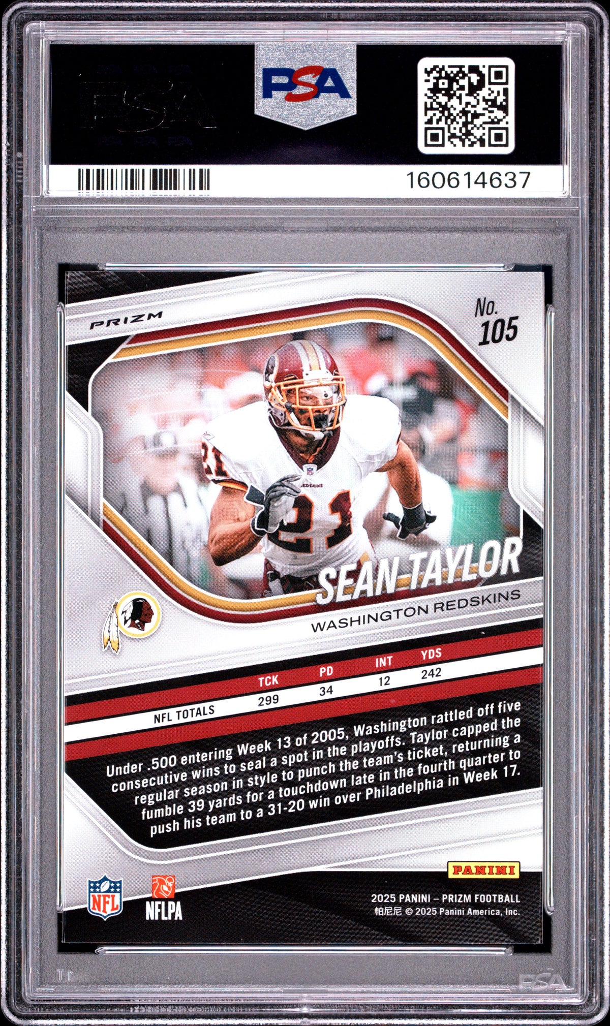 Sean Taylor 2025 Prizm No Huddle Disco Prizm Washington Redskins #105 PSA 9