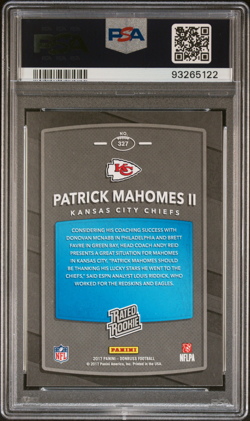 Patrick Mahomes II 2017 Donruss Rated Rookie RC Kansas City Chiefs #327 PSA 10