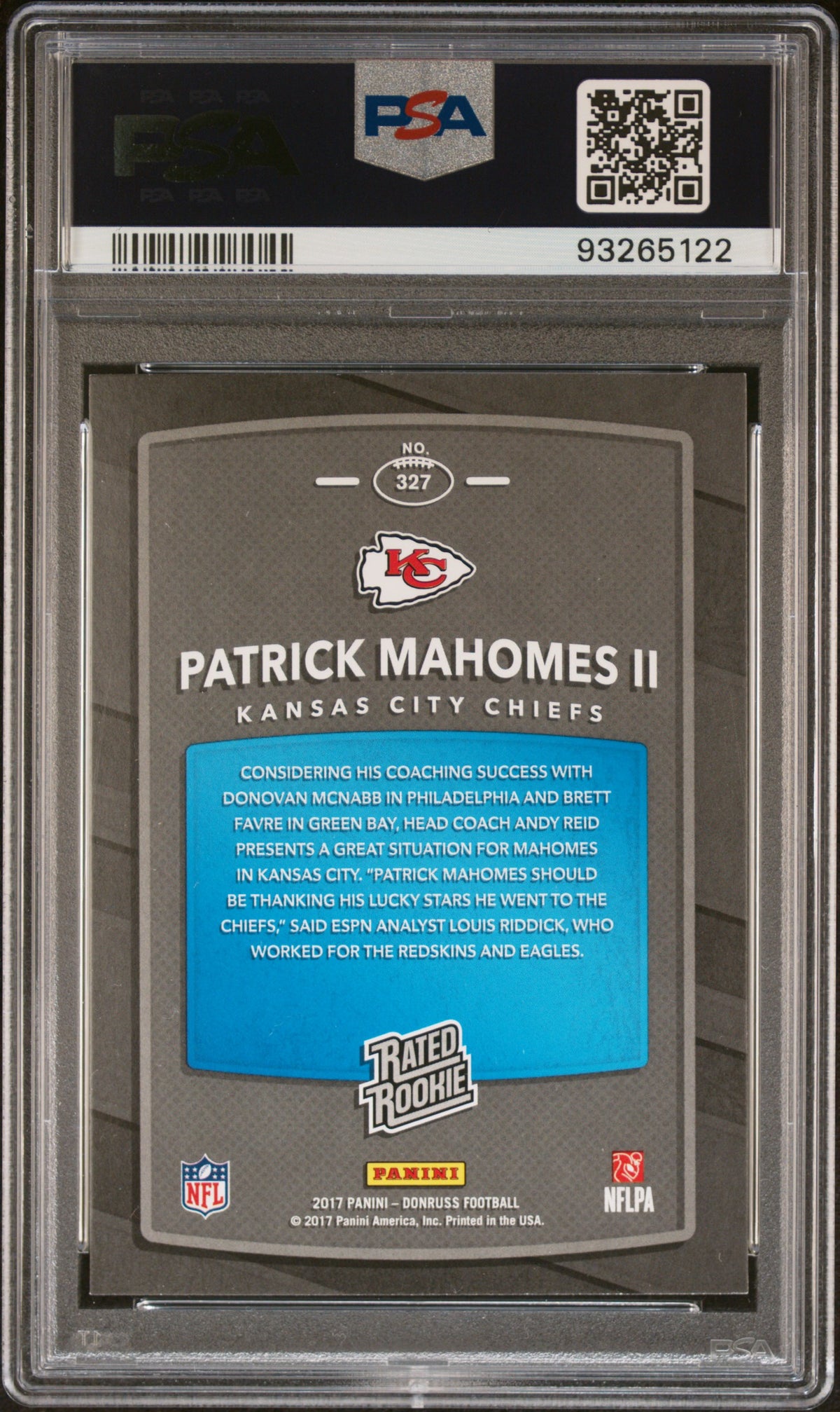Patrick Mahomes II 2017 Donruss Rated Rookie RC Kansas City Chiefs #327 PSA 10