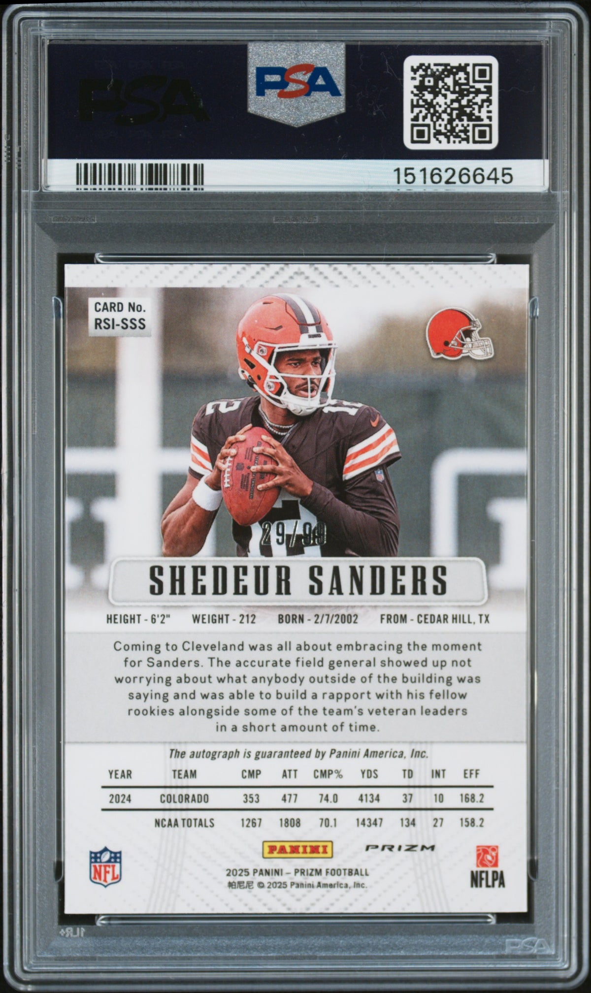 Shedeur Sanders 2025 Prizm Retro Blue Ice Auto Autograph RC Browns 29/99 PSA 9