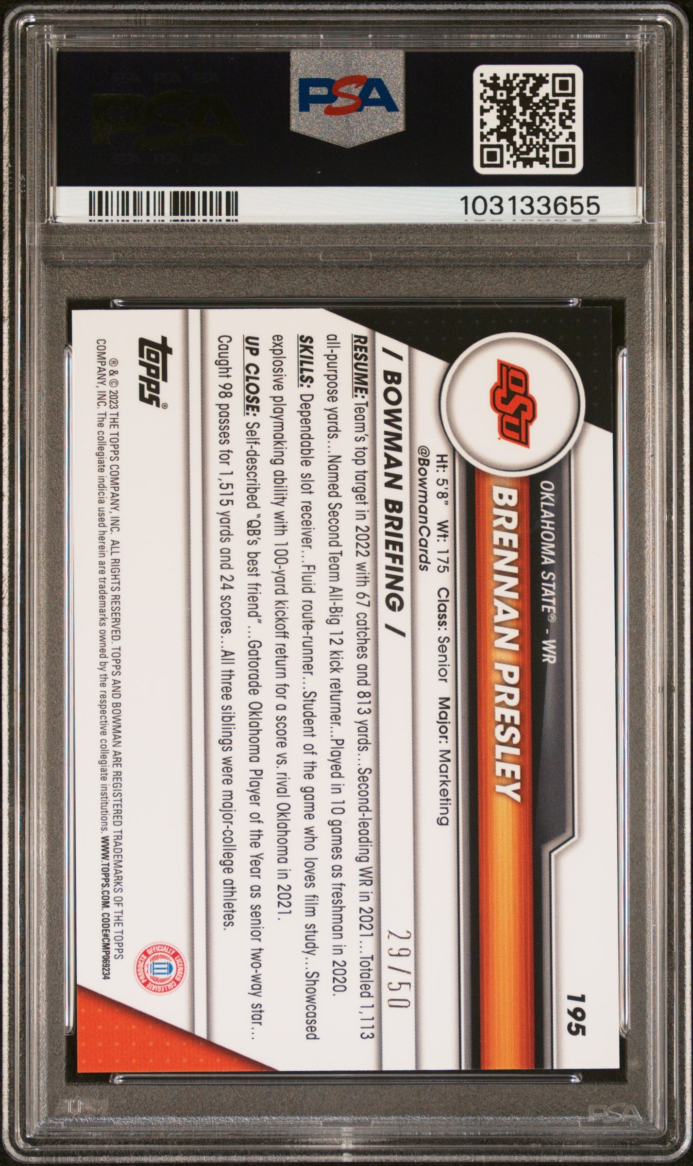 Brennan Presley 2023 Bowman Chrome Sapphire GOLD Refractor OSU 29/50 PSA 10