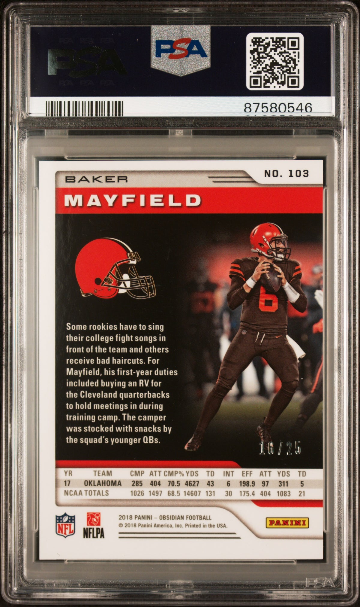 Baker Mayfield 2018 Obsidian Green Etch RC Rookie Browns 16/25 PSA 9