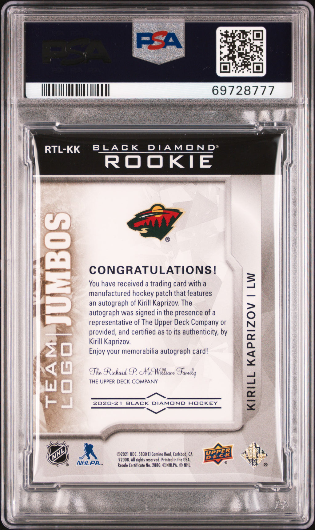 Kirill Kaprizov 2020 UD Black Diamond Auto Autograph Logo Patch RC 68/99 PSA 8