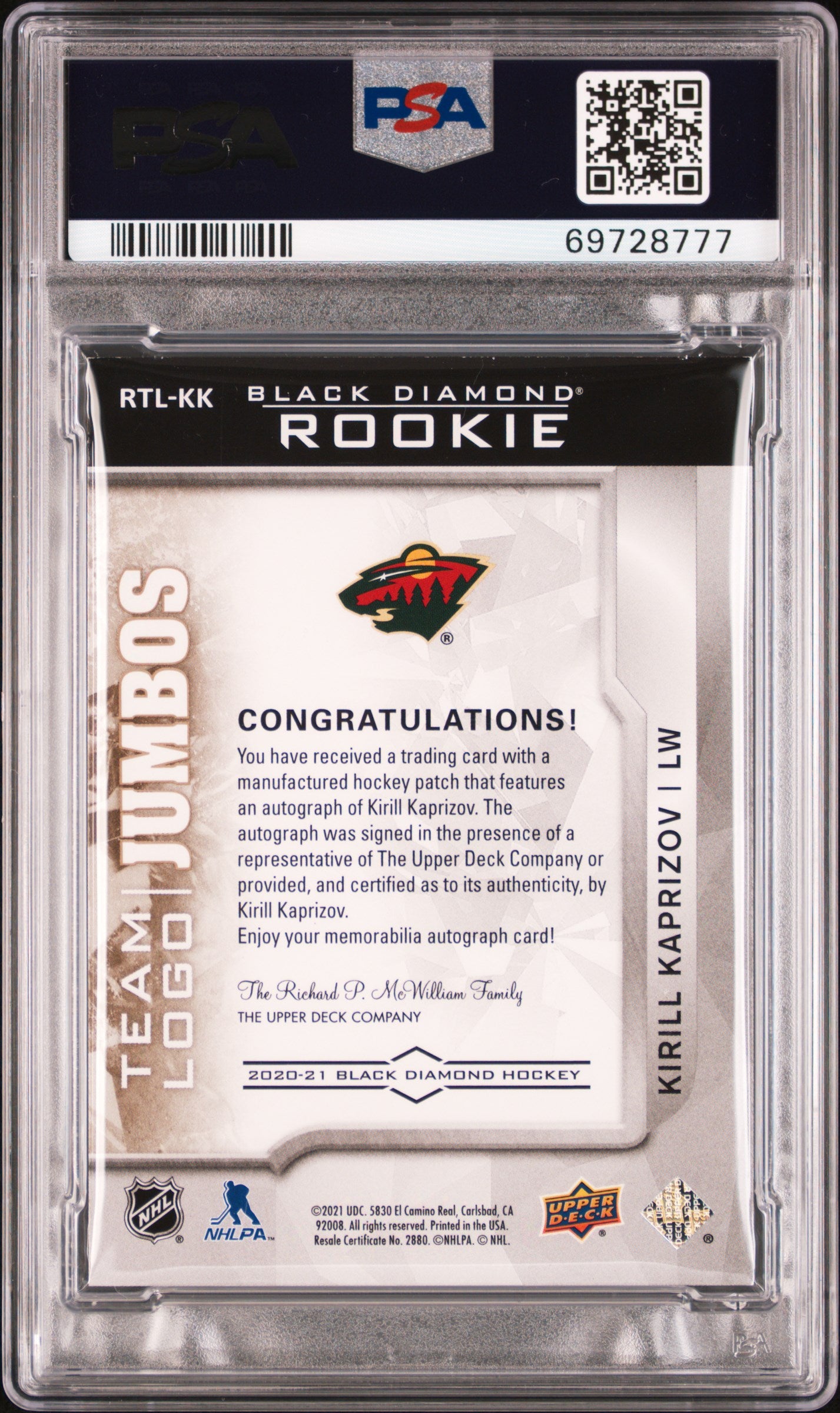 Kirill Kaprizov 2020 UD Black Diamond Auto Autograph Logo Patch RC 68/99 PSA 8