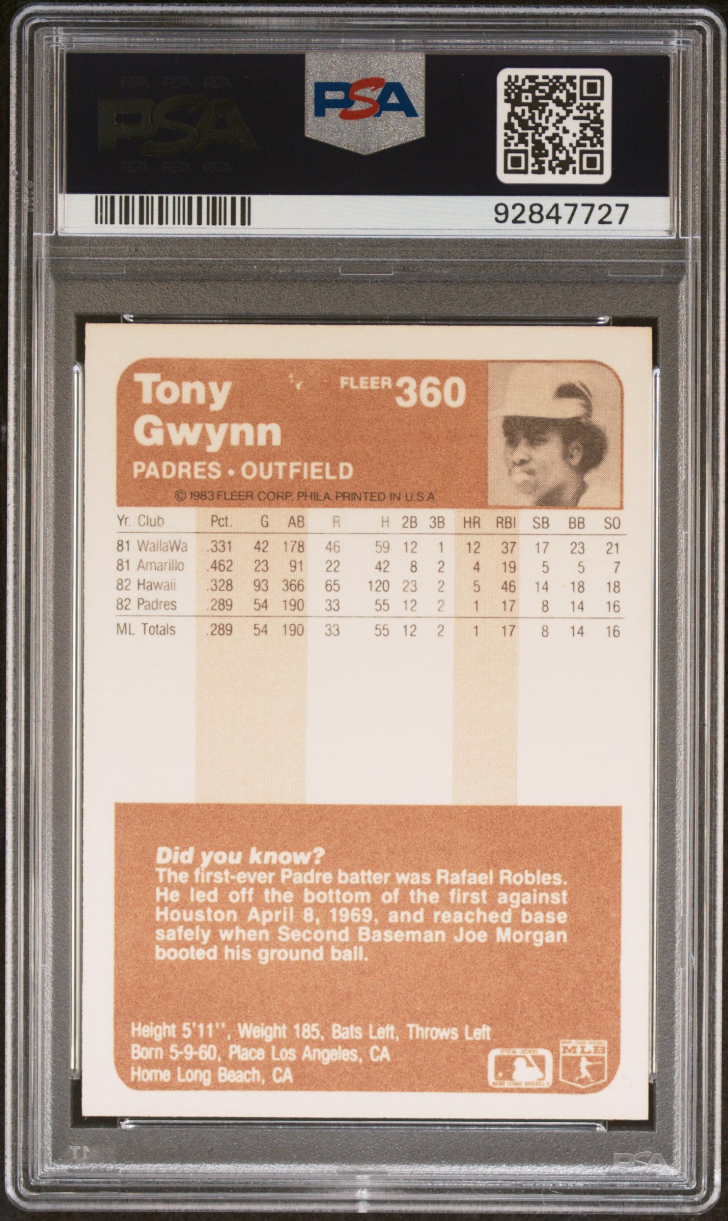Tony Gwynn 1983 Fleer Rookie RC San Diego Padres #360 PSA 9
