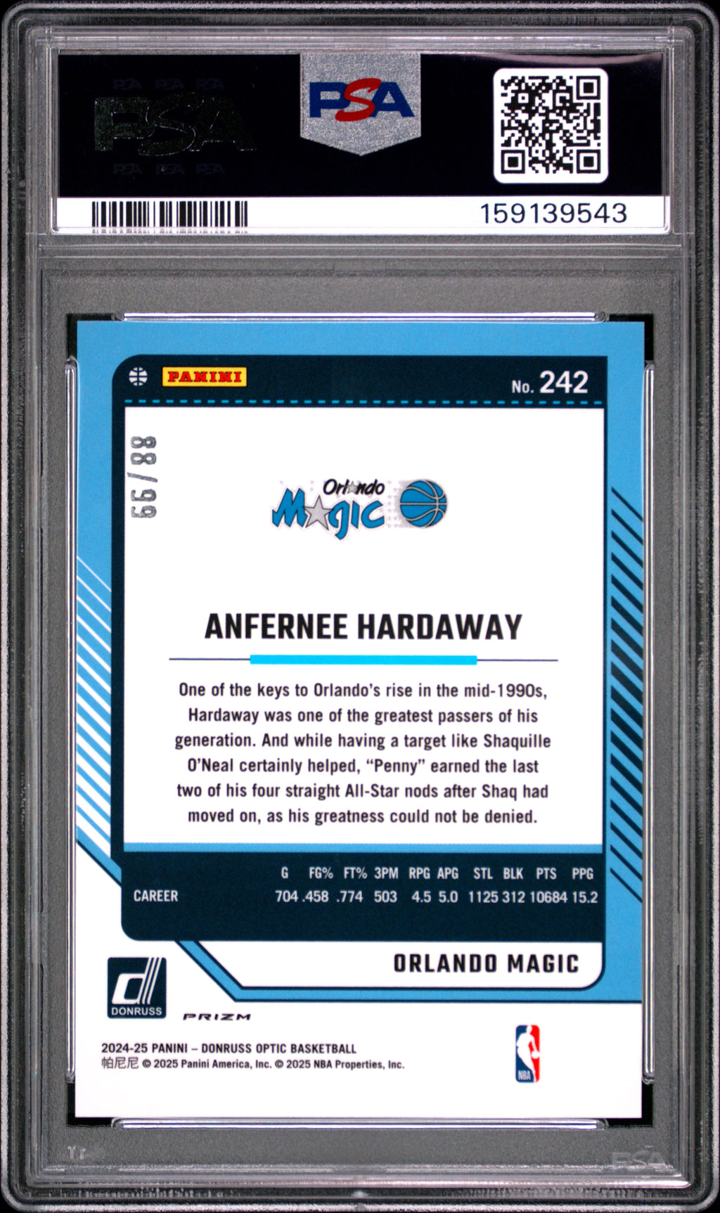 Anfernee Hardaway 2024-25 Optic Purple Fast Break Prizm Magic 88/99 PSA 9