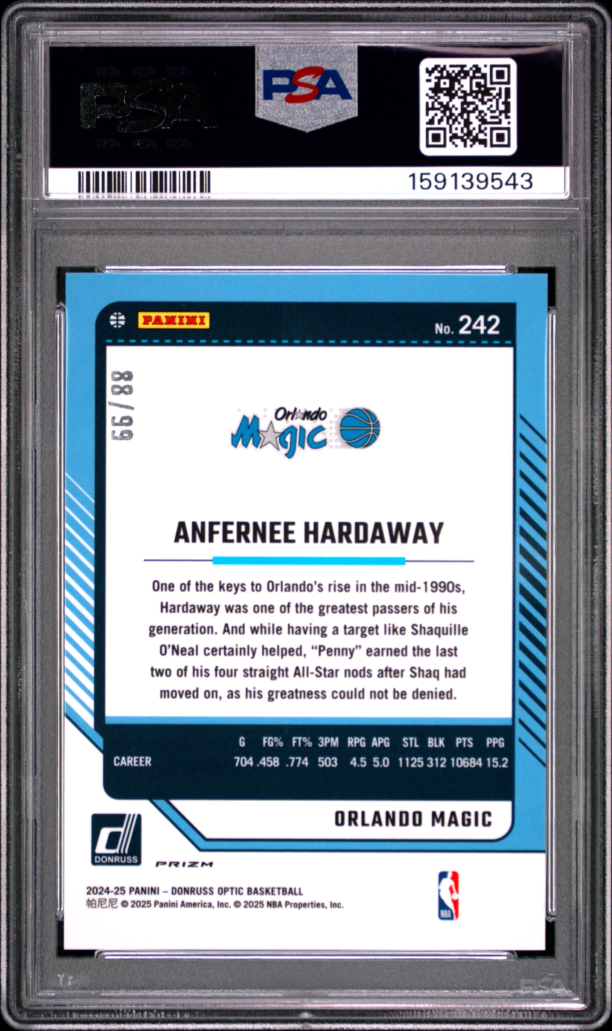 Anfernee Hardaway 2024-25 Optic Purple Fast Break Prizm Magic 88/99 PSA 9