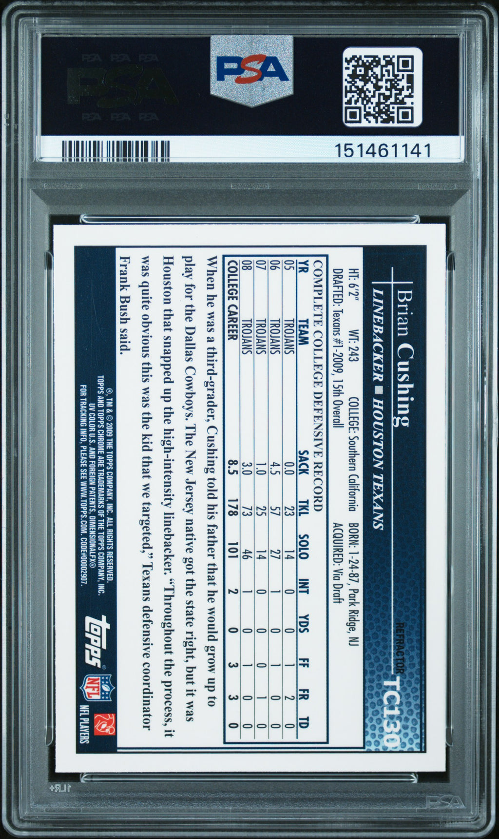 Brian Cushing 2009 Topps Chrome Blue Refractor Rookie RC Houston Texans PSA 9