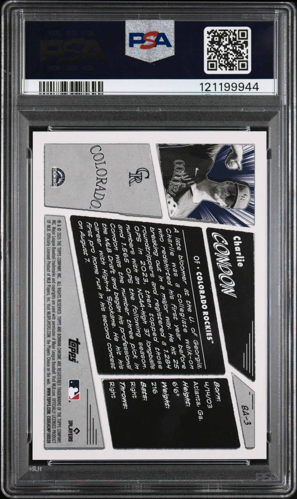 Charlie Condon 2025 Bowman Anime CASE HIT SSP Colorado Rockies PSA 9