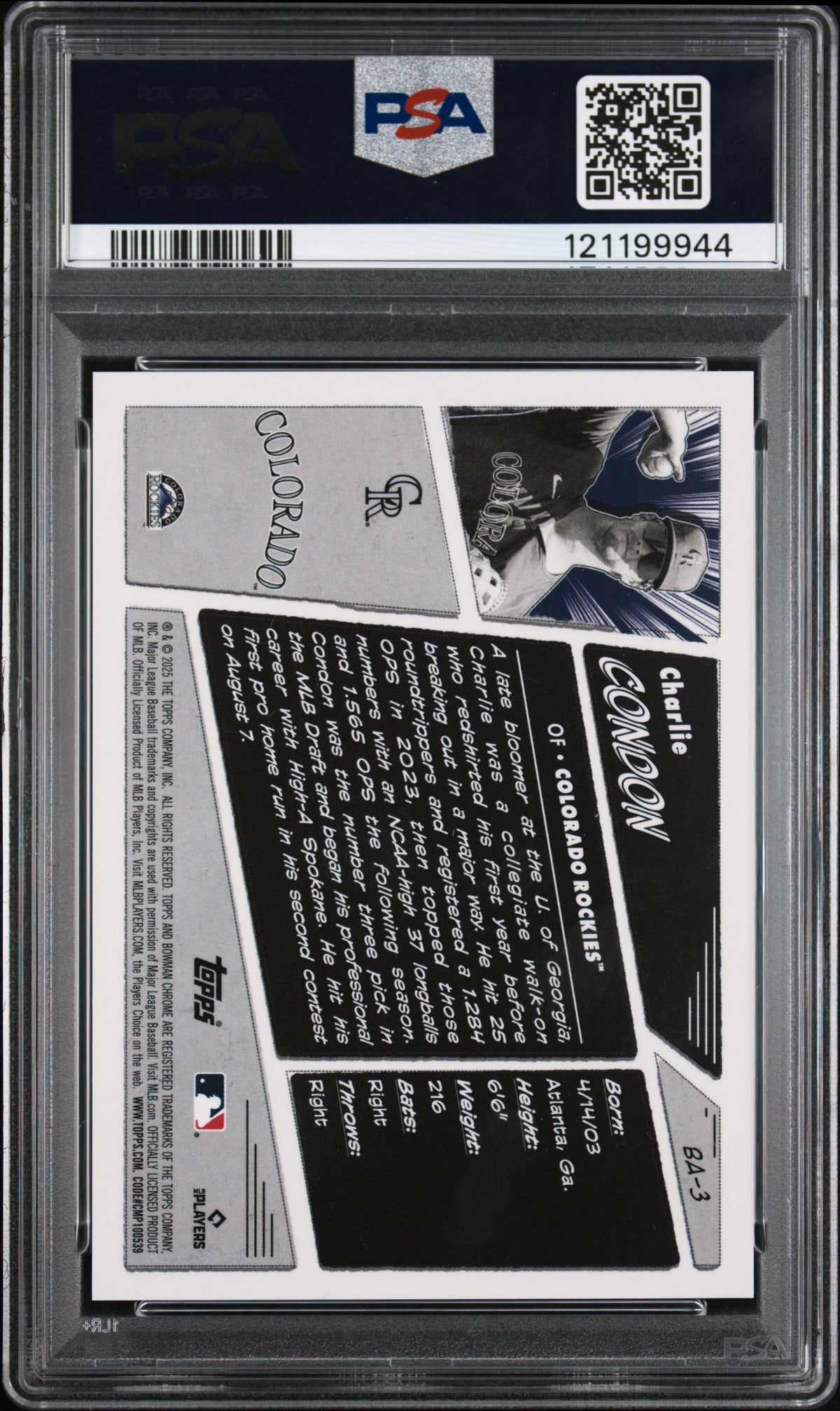Charlie Condon 2025 Bowman Anime CASE HIT SSP Colorado Rockies PSA 9
