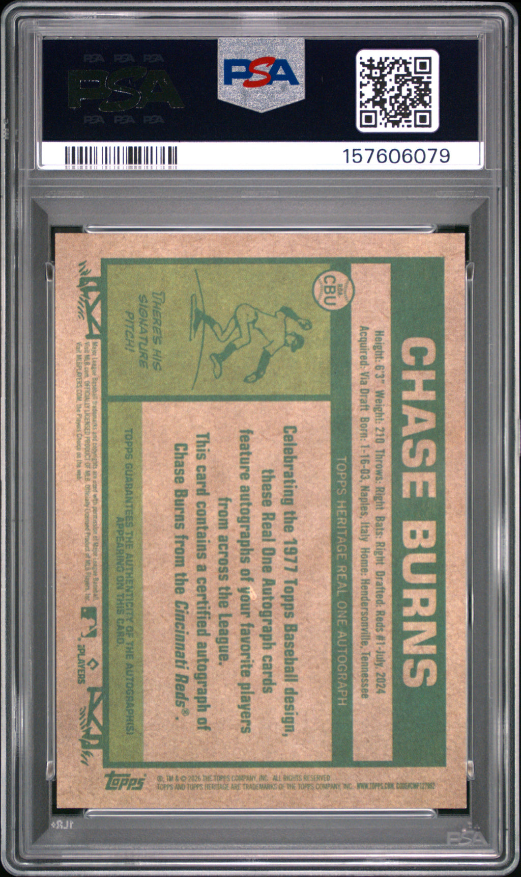 Chase Burns 2026 Topps Heritage Real One Auto Autograph RC Reds PSA 10