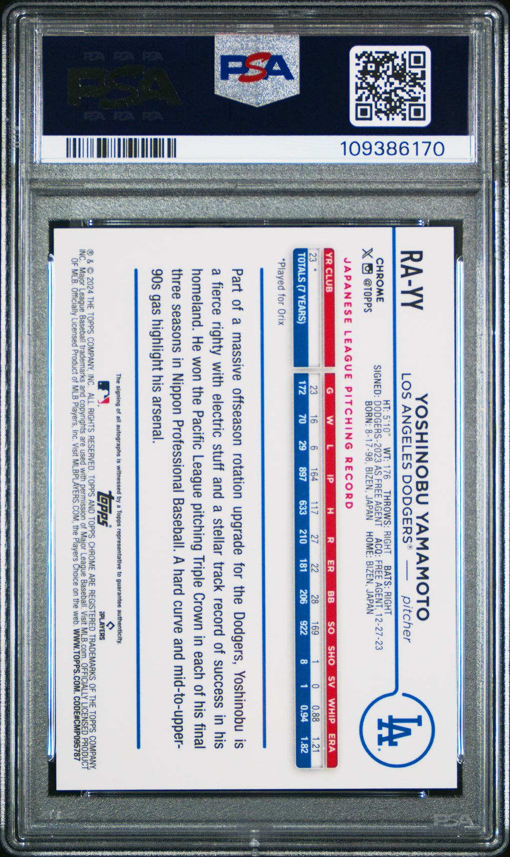 Yoshinobu Yamamoto 2024 Topps Chrome Lava Auto Autograph RC 16/85 Dodgers PSA 9