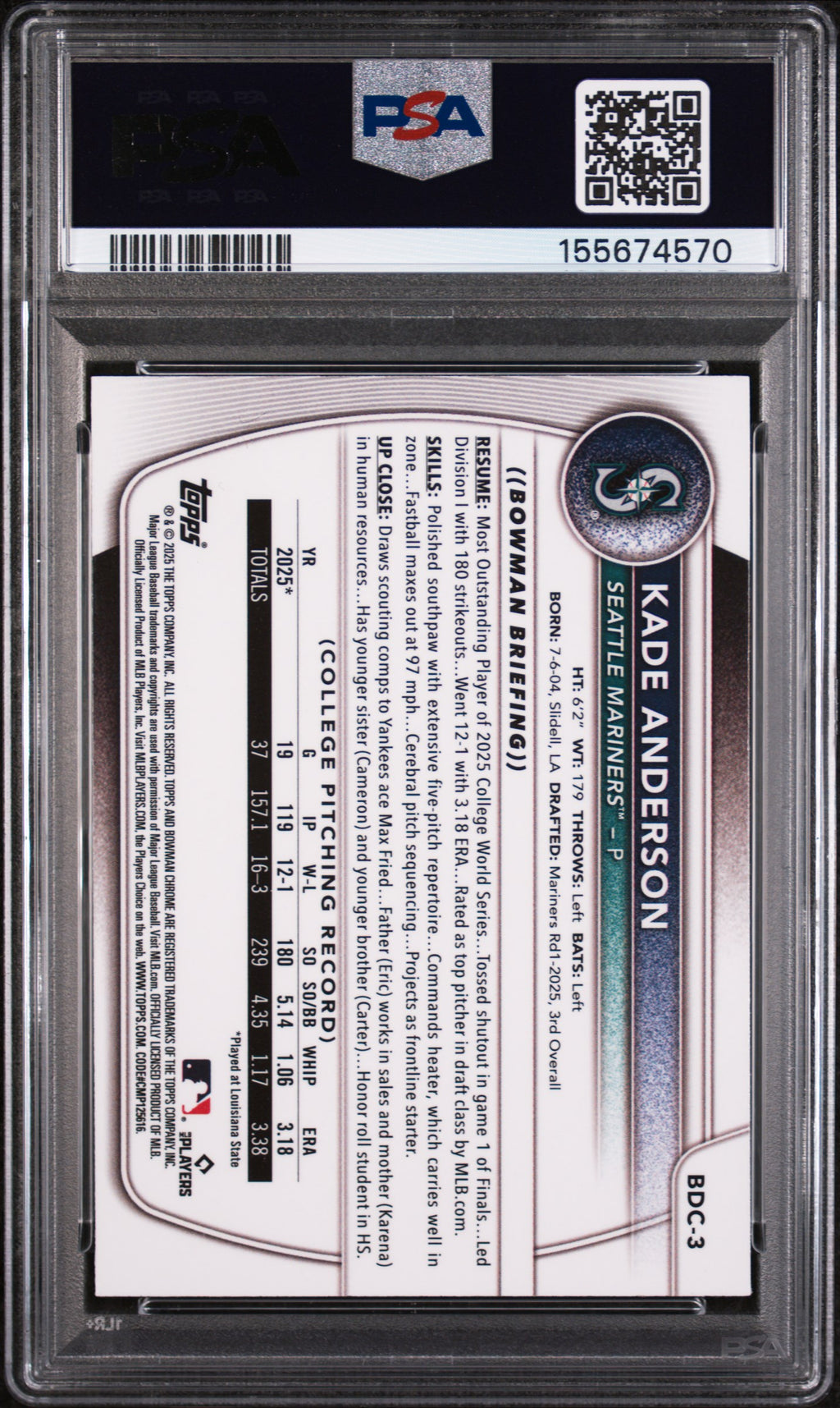 Kade Anderson 2025 Bowman Chrome 1st RC Blue Refractor Mariners 150/150 PSA 8