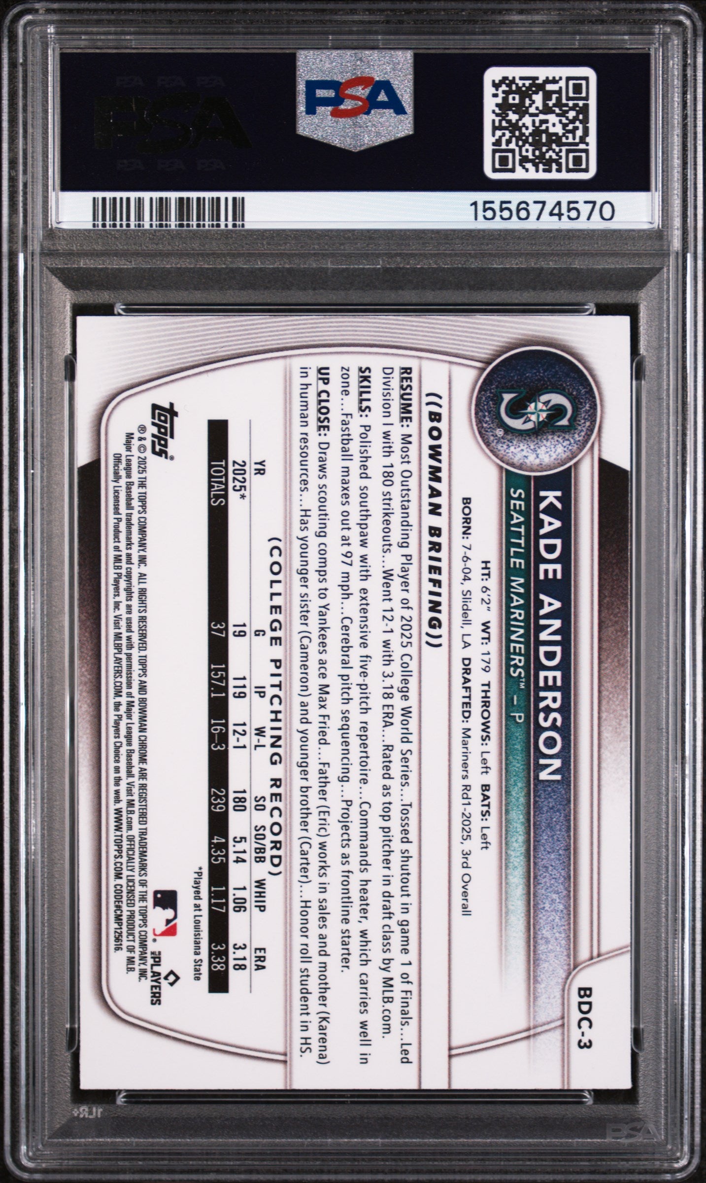 Kade Anderson 2025 Bowman Chrome 1st RC Blue Refractor Mariners 150/150 PSA 8