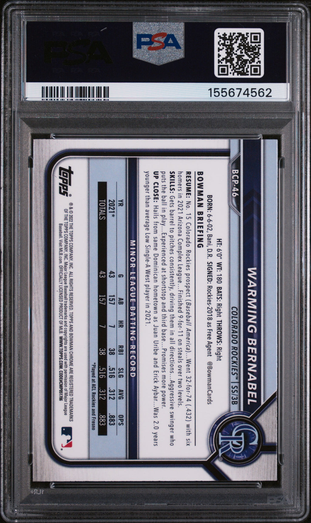 Warming Bernabel 2022 Bowman Chrome Prospects Atomic Refractor PSA 9