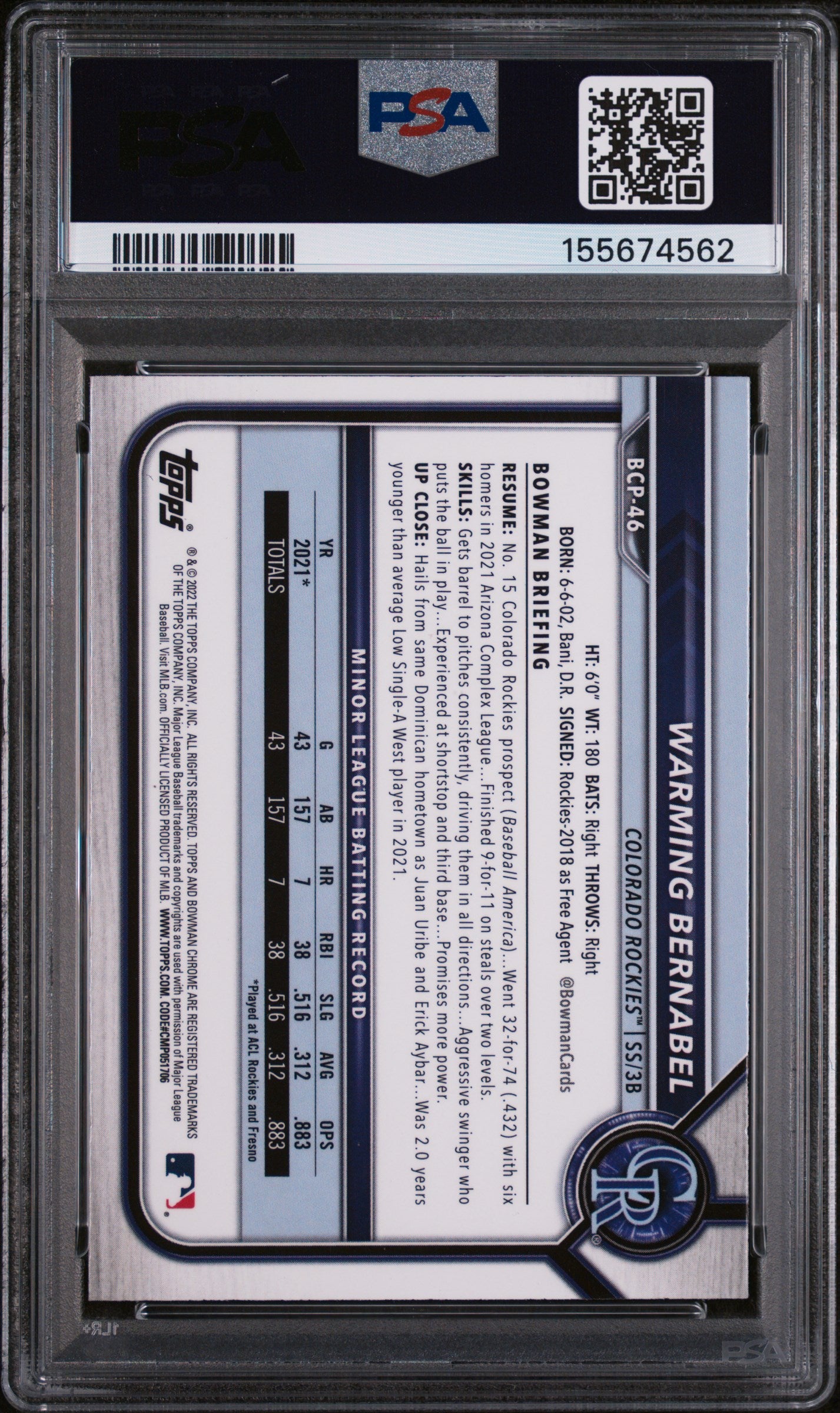 Warming Bernabel 2022 Bowman Chrome Prospects Atomic Refractor PSA 9