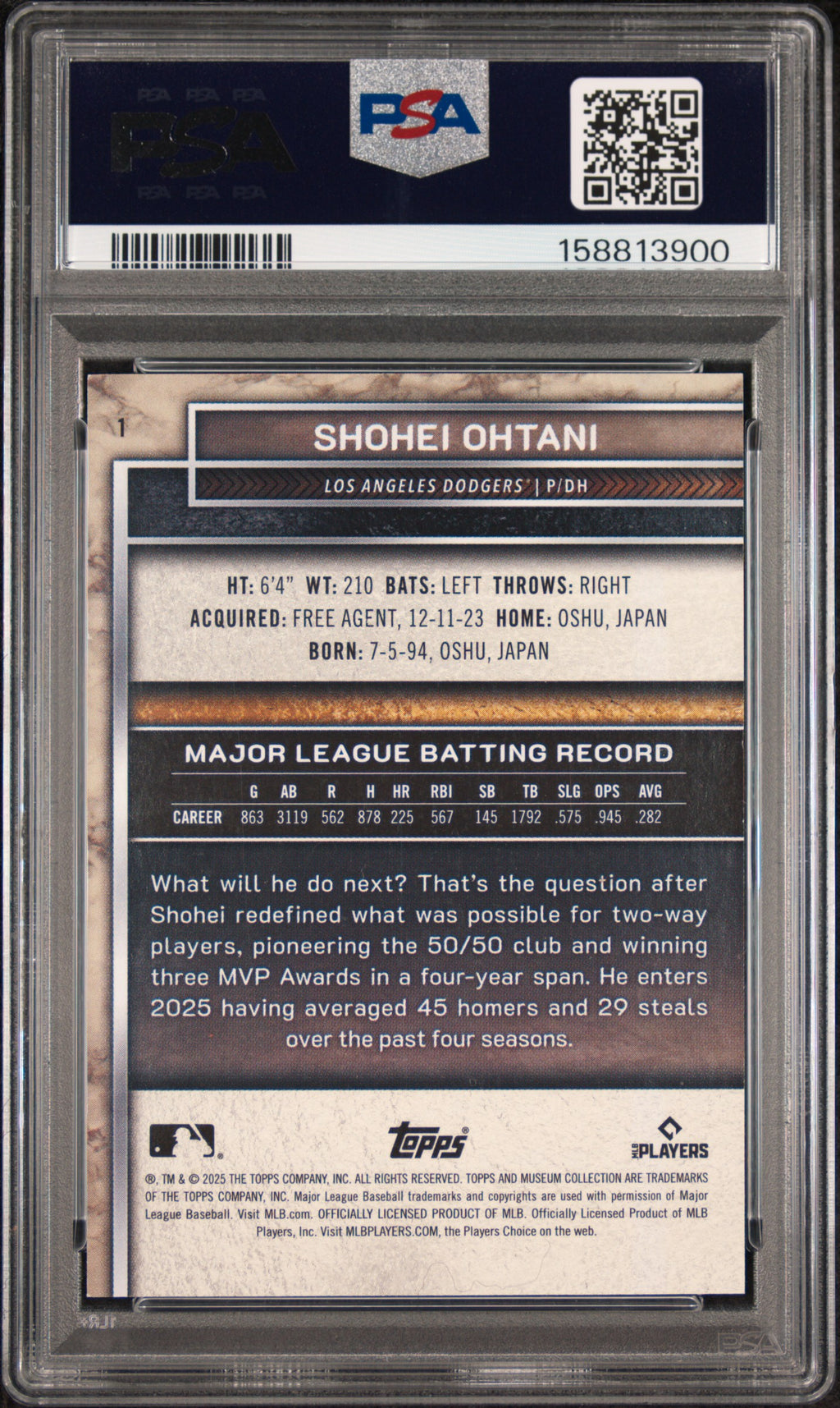 Shohei Ohtani 2025 Topps Museum Collection Blue Topaz LA Dodgers 16/25 PSA 8