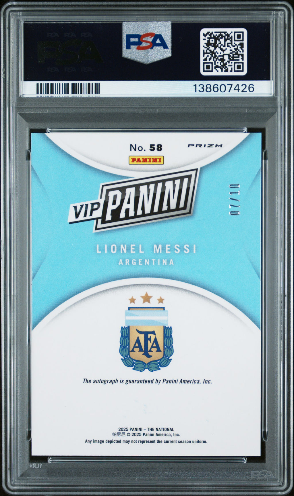 Lionel Messi 2025 Panini National GOLD Prizm Auto Autograph 7/10 PSA 9