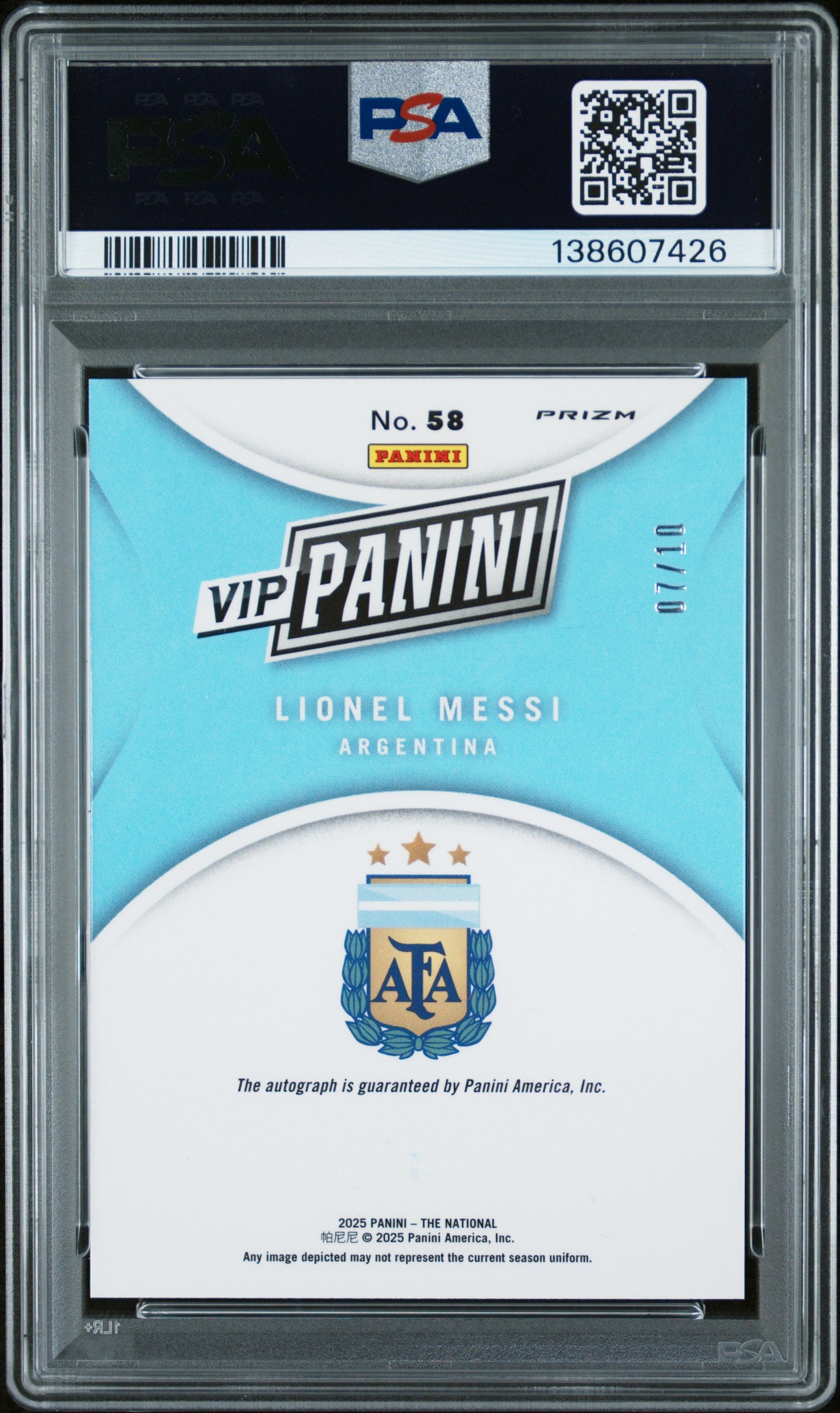 Lionel Messi 2025 Panini National GOLD Prizm Auto Autograph 7/10 PSA 9