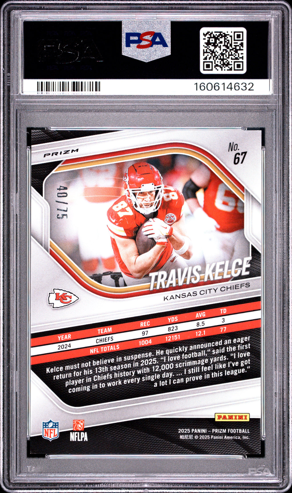 Travis Kelce 2025 Prizm Green Scope Prizm Kansas City Chiefs 40/75 PSA 10
