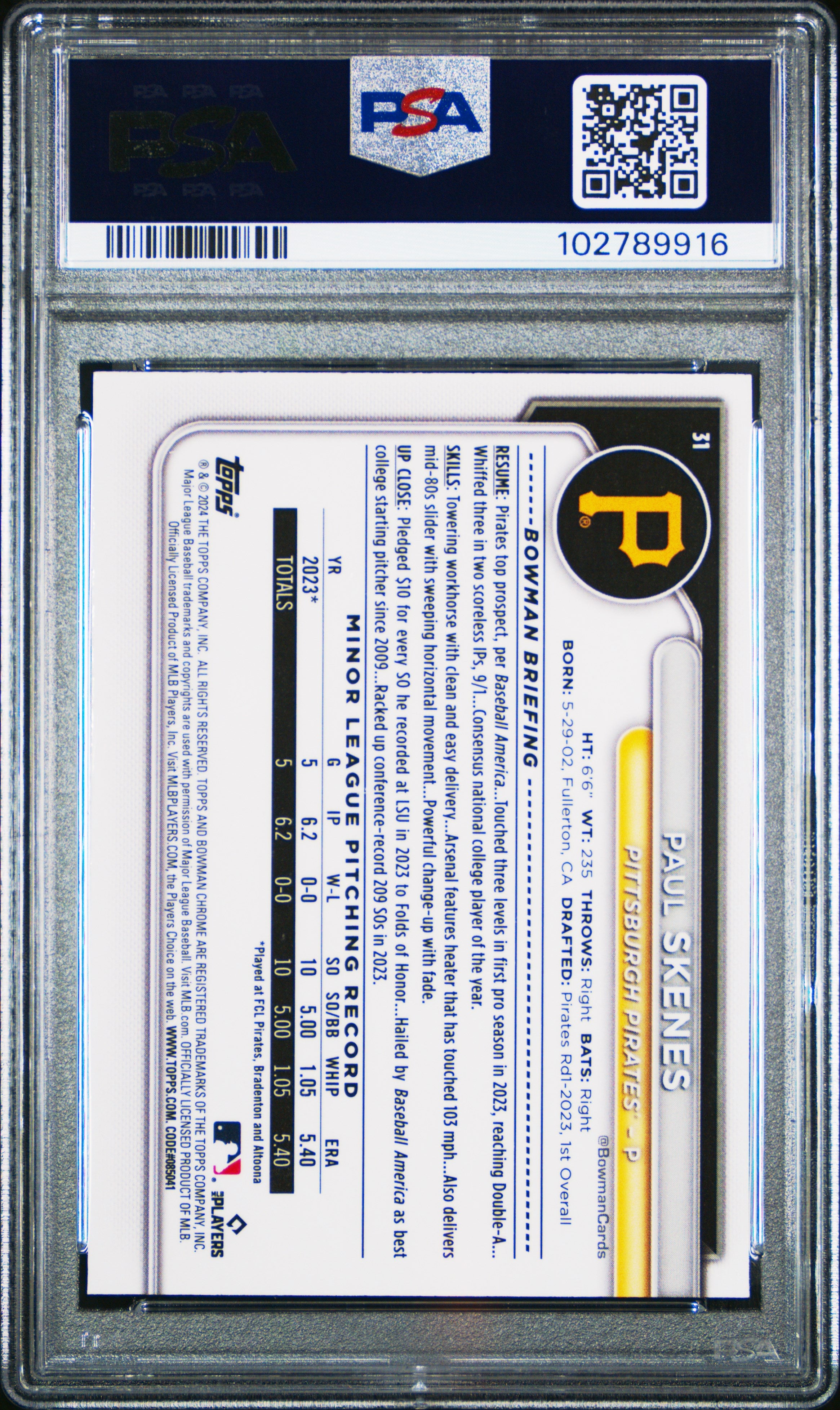 Paul Skenes 2024 Bowman Chrome Rookie RC Pittsburgh Pirates #31 PSA 10