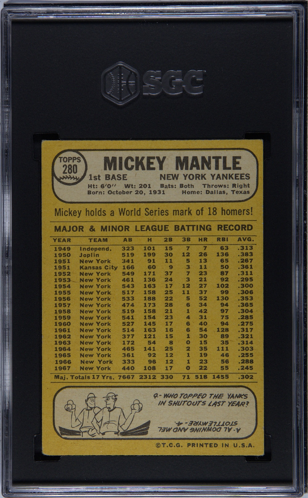 Mickey Mantle 1968 Topps Card New York Yankees #280 SGC 3.5