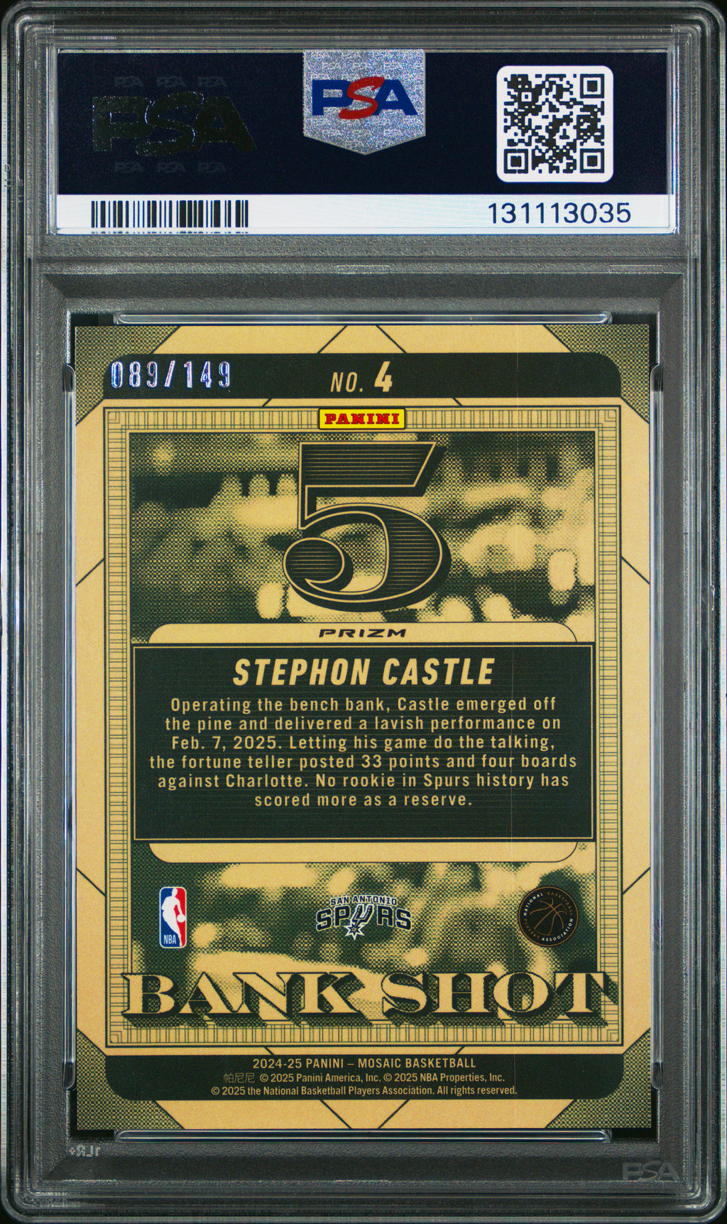 Stephon Castle 2024 Mosaic Bank Shot Pink Prizm Rookie RC Spurs 89/149 PSA 10