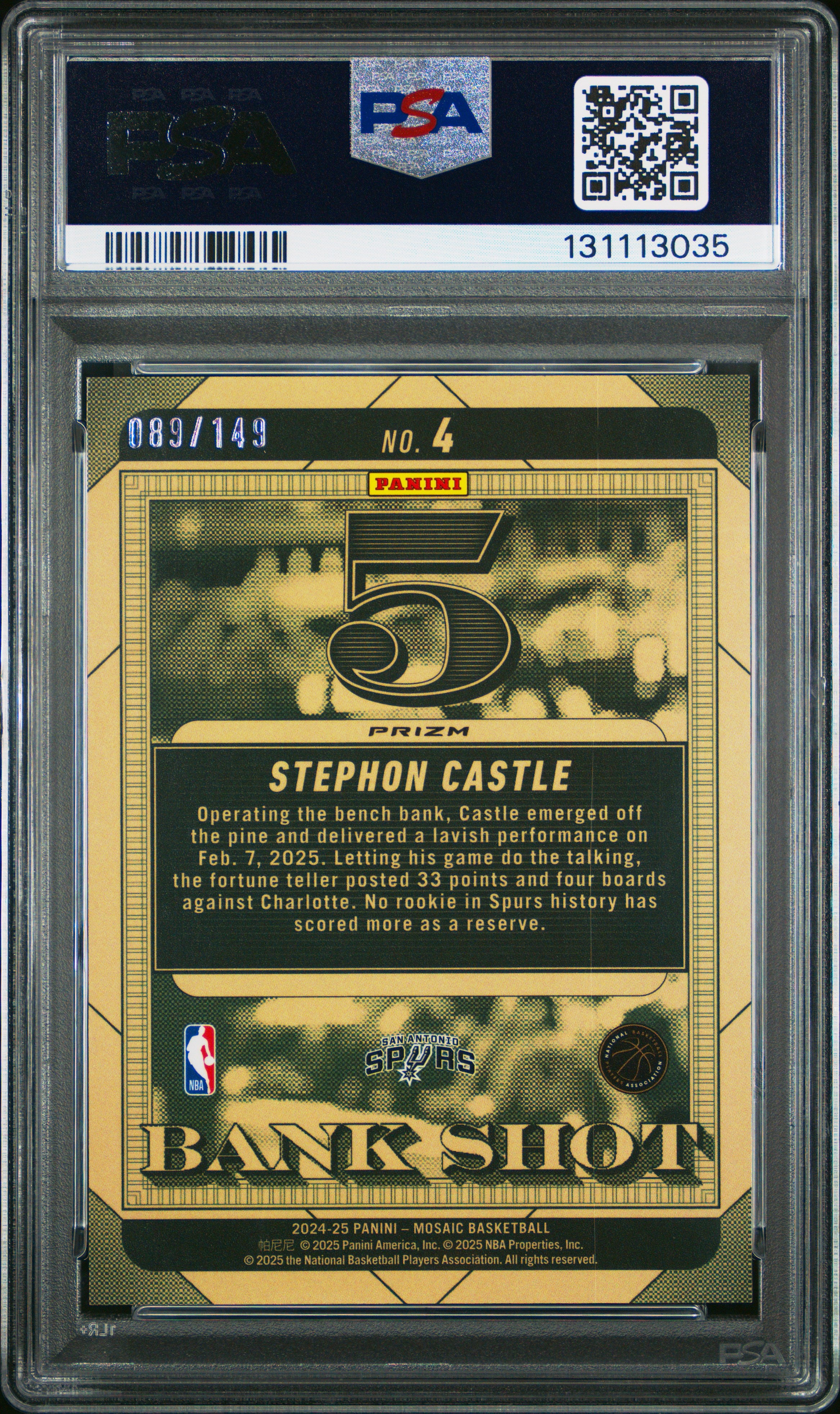 Stephon Castle 2024 Mosaic Bank Shot Pink Prizm Rookie RC Spurs 89/149 PSA 10
