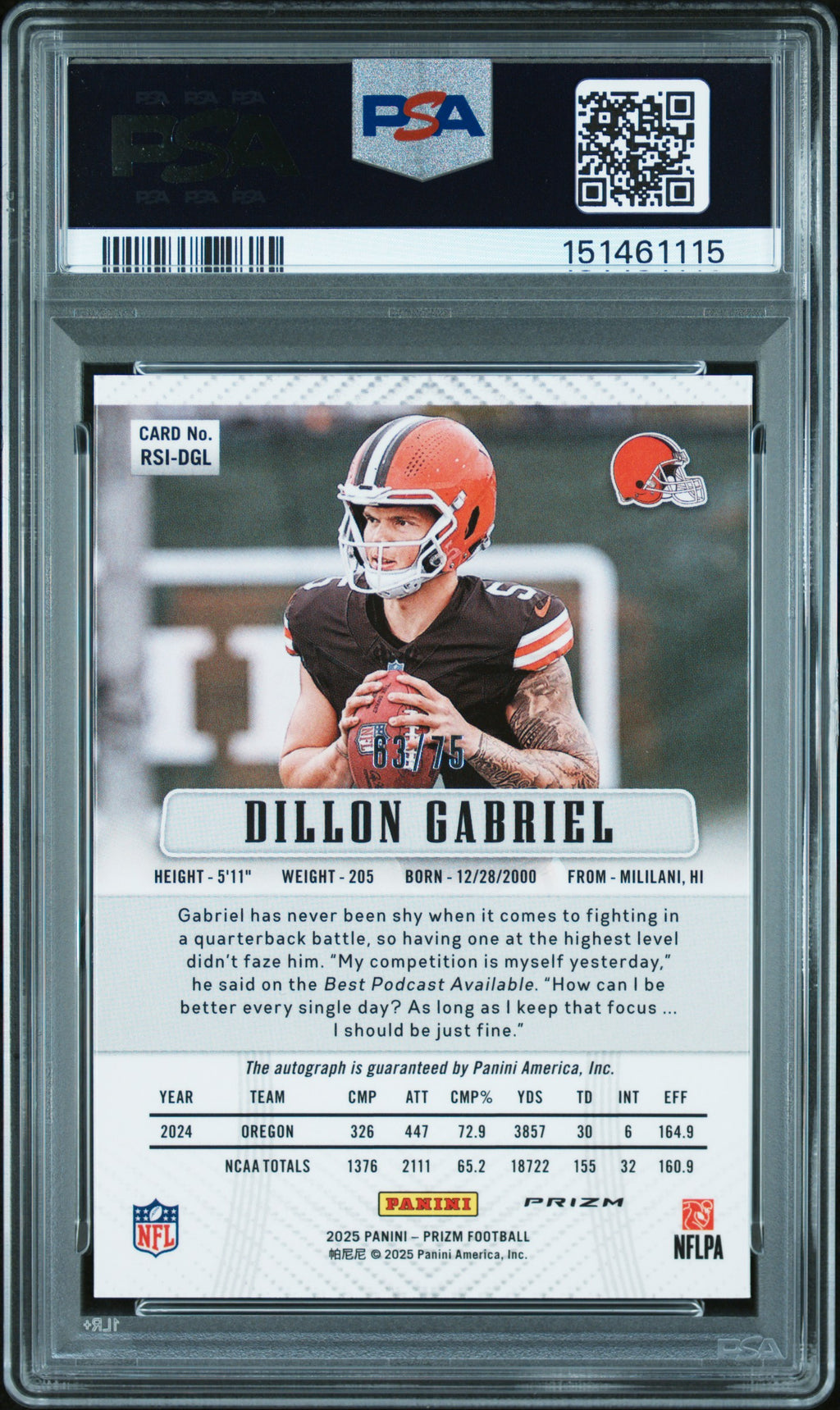 Dillon Gabriel 2025 Prizm Auto Autograph Green Scope RC Browns 63/75 PSA 10