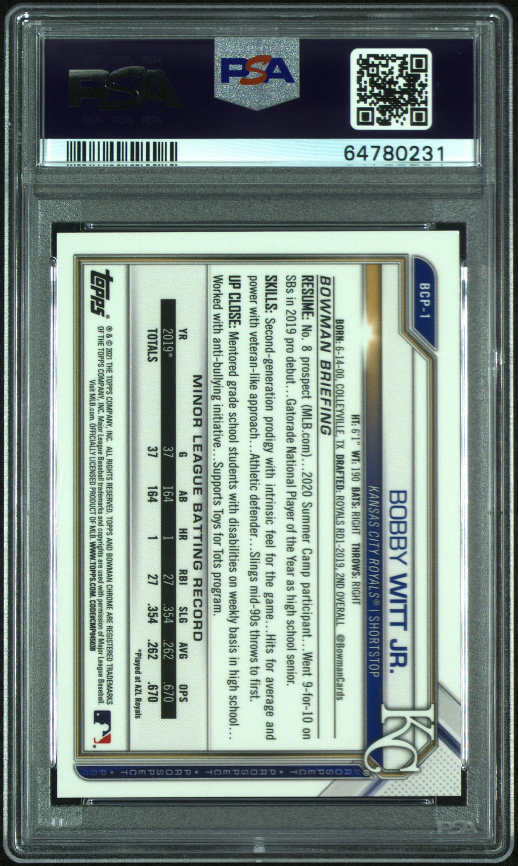 Bobby Witt Jr. 2021 Bowman Chrome Sapphire Red Refractor Royals 10/15 PSA 9