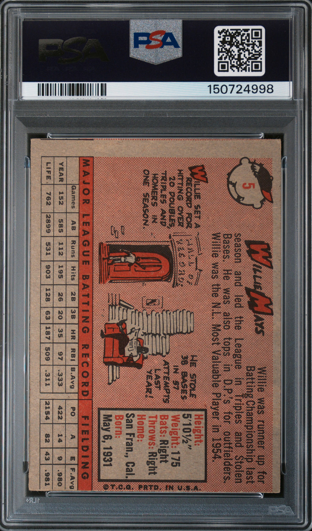 Willie Mays 1958 Topps Baseball Card San Francisco Giants #5 PSA 5 MC