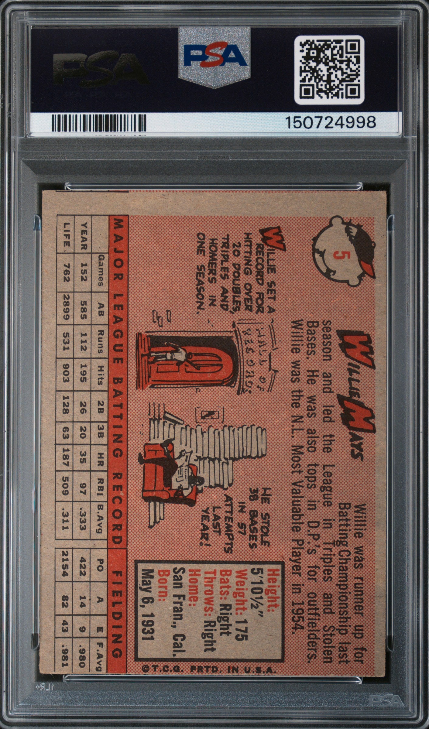 Willie Mays 1958 Topps Baseball Card San Francisco Giants #5 PSA 5 MC