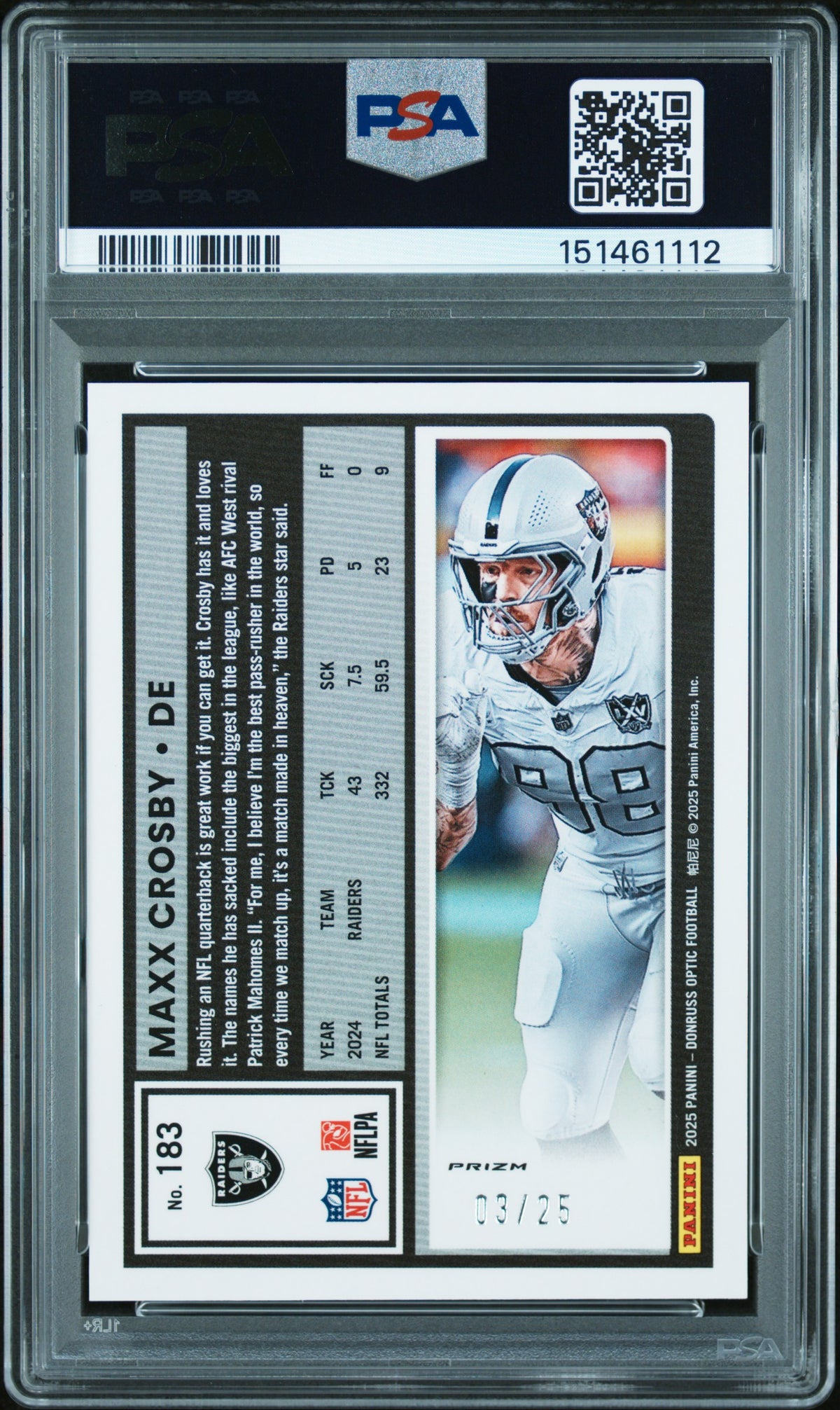Maxx Crosby 2025 Optic Black Pandora Prizm Las Vegas Raiders 3/25 PSA 10