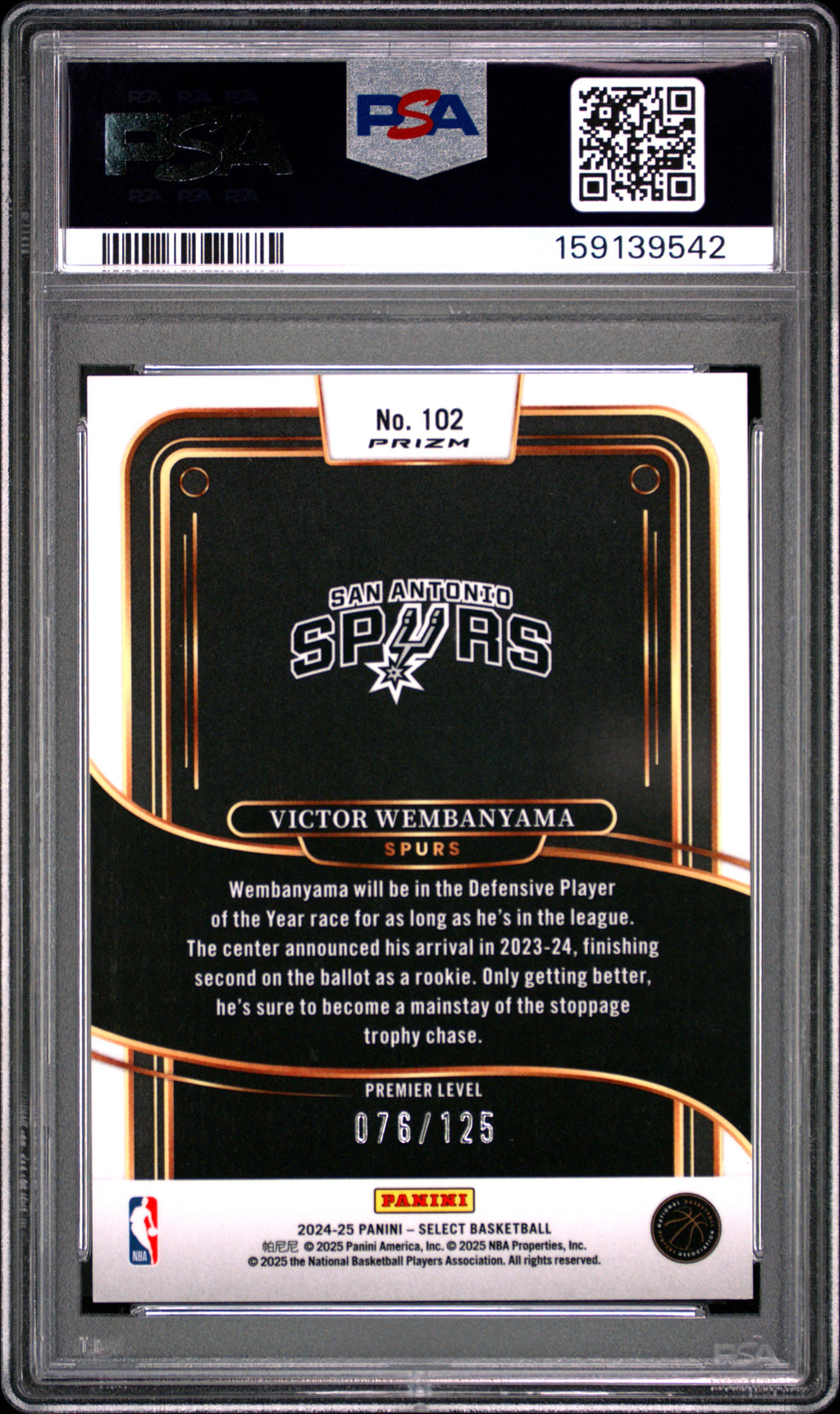 Victor Wembanyama 2024-25 Select Green Camo Prizm Spurs 76/125 PSA 10