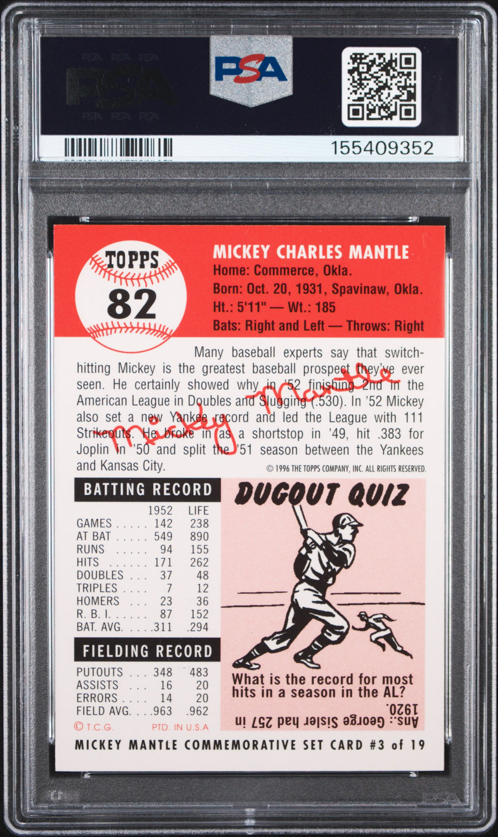 Mickey Mantle 1996 Topps '53 Insert New York Yankees #3 PSA 9