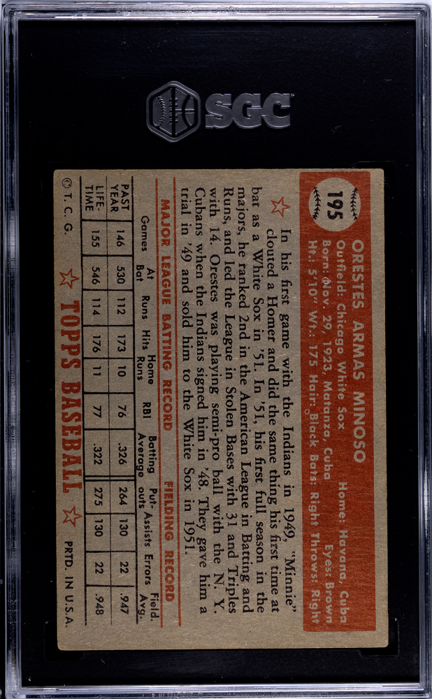Orestes Minoso 1952 Topps Rookie RC Chicago White Sox #195 SGC 5