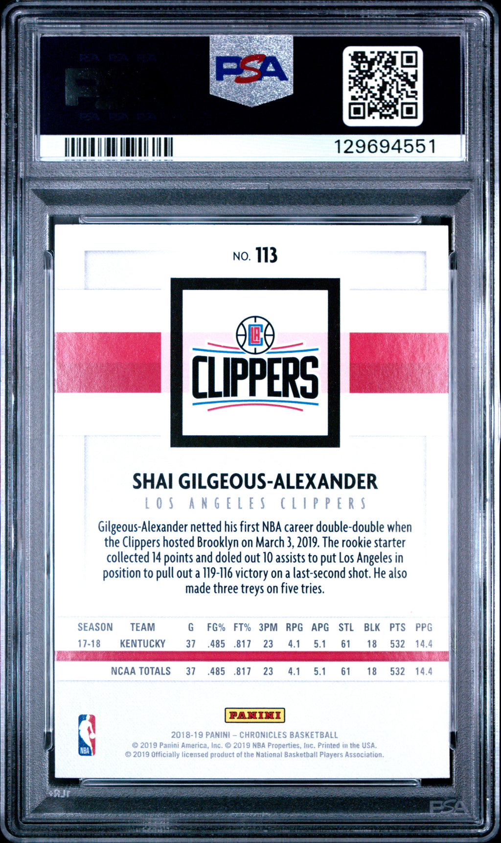 Shai Gilgeous-Alexander 2018-19 Chronicles Rookie RC OKC Thunder #113 PSA 9