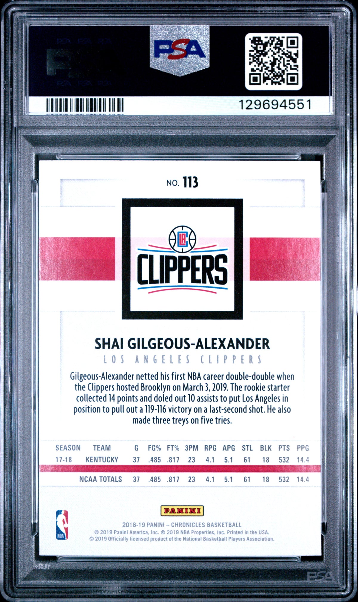 Shai Gilgeous-Alexander 2018-19 Chronicles Rookie RC OKC Thunder #113 PSA 9